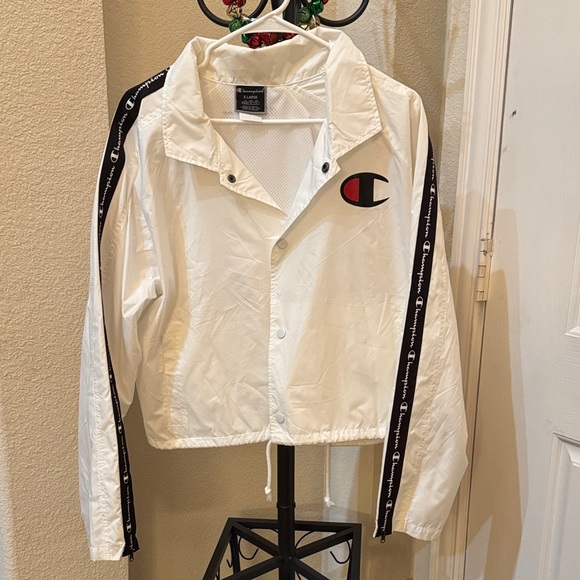 Champion Jackets & Blazers - Champion White Windbreaker Jacket with Black and Red Logo